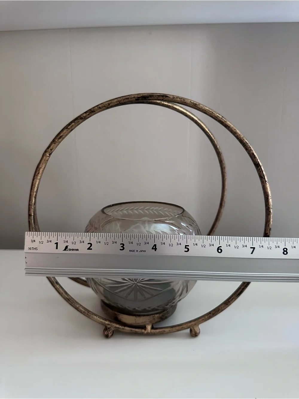 Etched Glass Globe With Distressed Brass Hoop Frame - Candle Holder or Planter